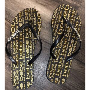 BEBE EVIEE BLACK‎ GOLD LOGO SLIP-ON SANDALS FLIP-FLOPS Size 9